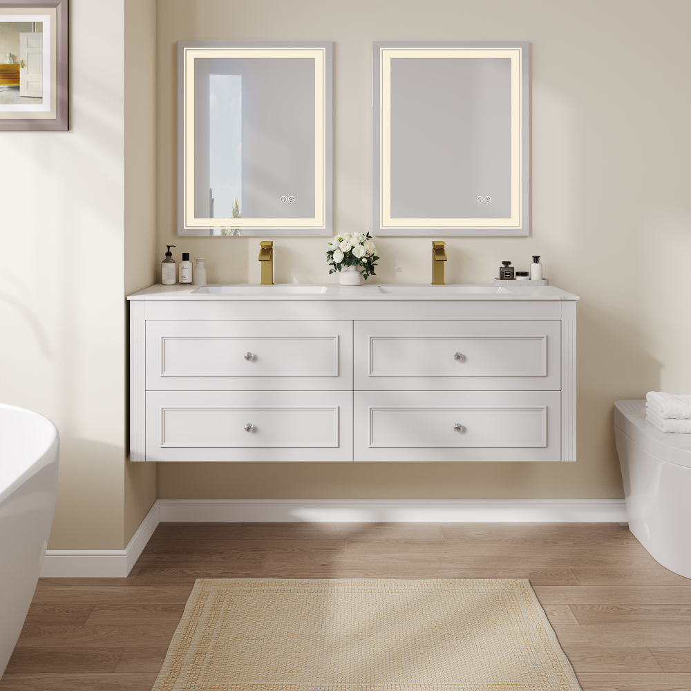 Bathroom Vanity Set 58.6"Modern Floating Ceramic Bathroom Vanity White with Double Sinks