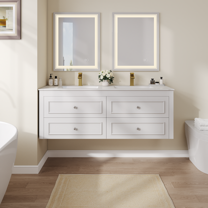 Bathroom Vanity Set 58.6"Modern Floating Ceramic Bathroom Vanity White with Double Sinks