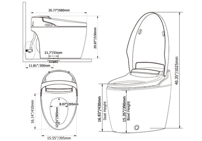 Technical drawing of a toilet seat with dimensions labeled