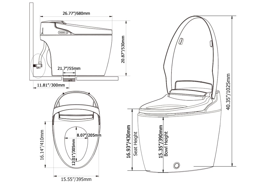 Technical drawing of a toilet seat with dimensions labeled