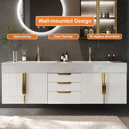 Bathroom vanity with wall-mounted design features highlighted