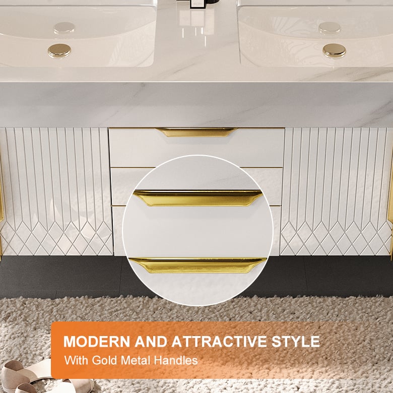 Bathroom vanity with gold metal handles and decorative tiles.