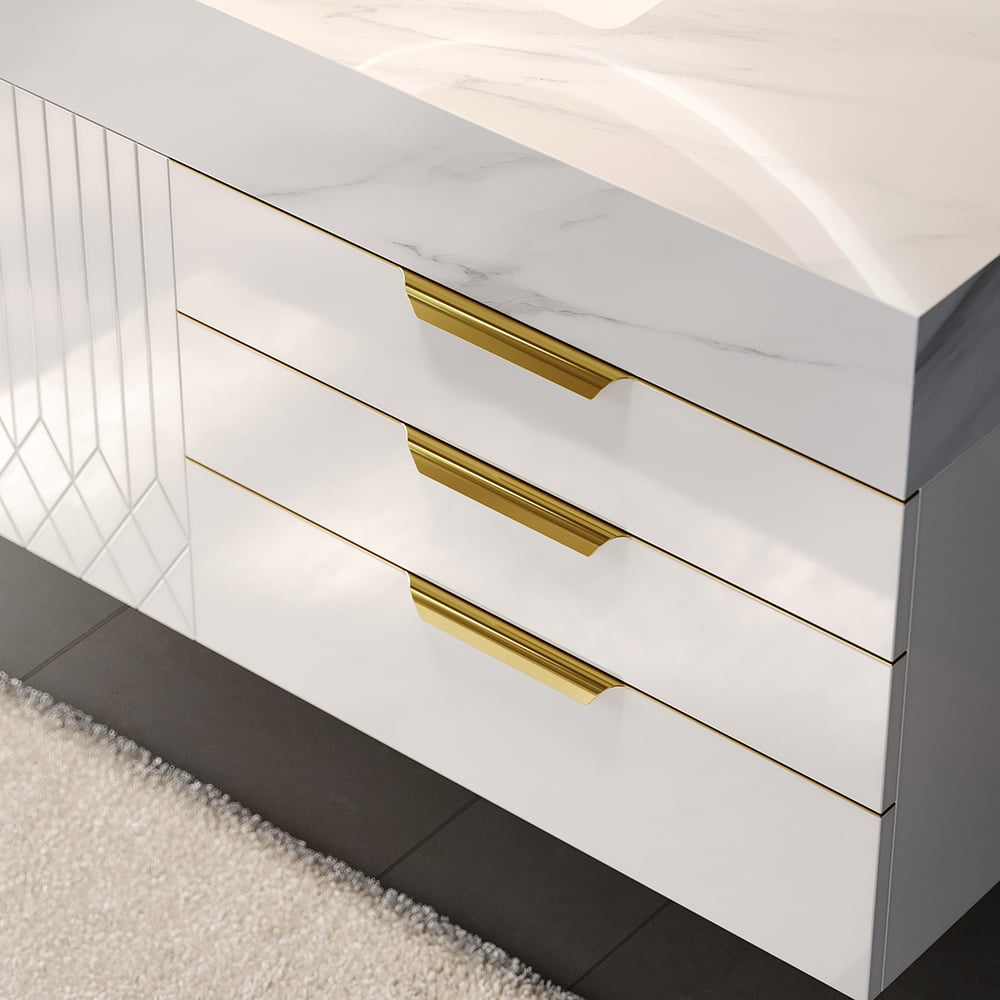 White dresser with gold handles on a neutral background