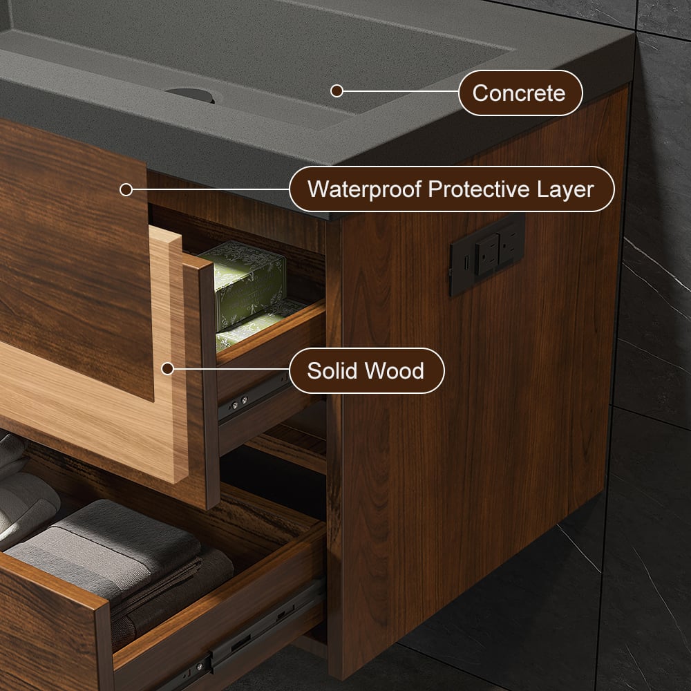 Wooden vanity with labeled components including concrete countertop, waterproof protective layer, and solid wood.