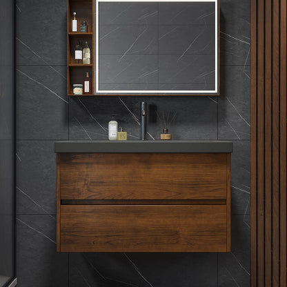 Bathroom vanity with wooden cabinet, mirror, and dark tiles