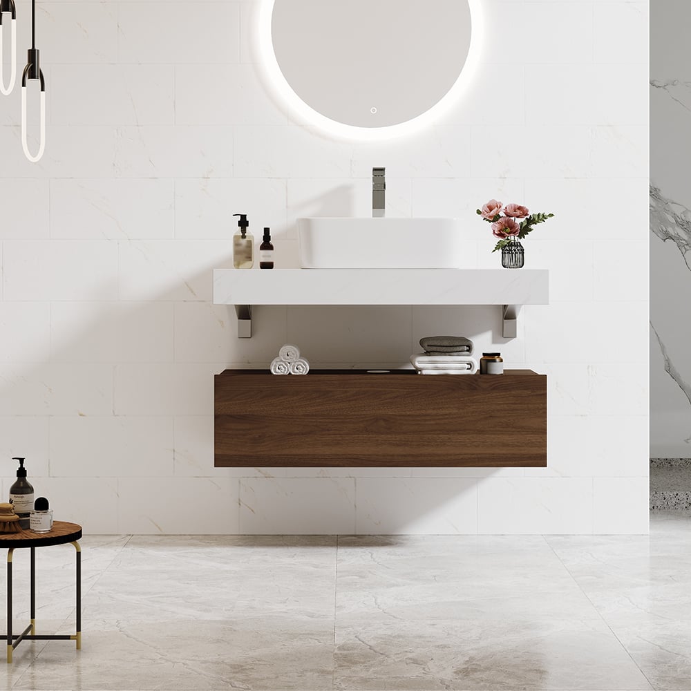 Bathroom Vanity Set 35.4" Modern Floating Bathroom Vanity White and Natural with Sink