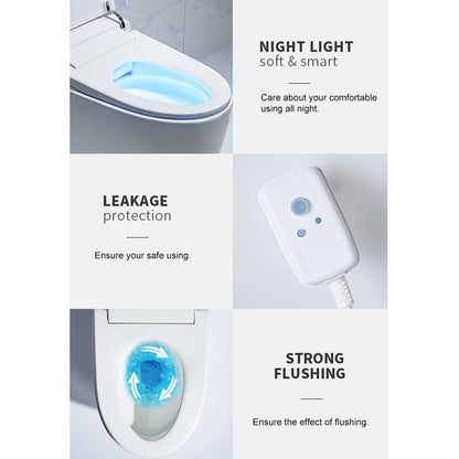 Toilet with night light feature and text highlighting features like night light, leakage protection, and strong flushing.