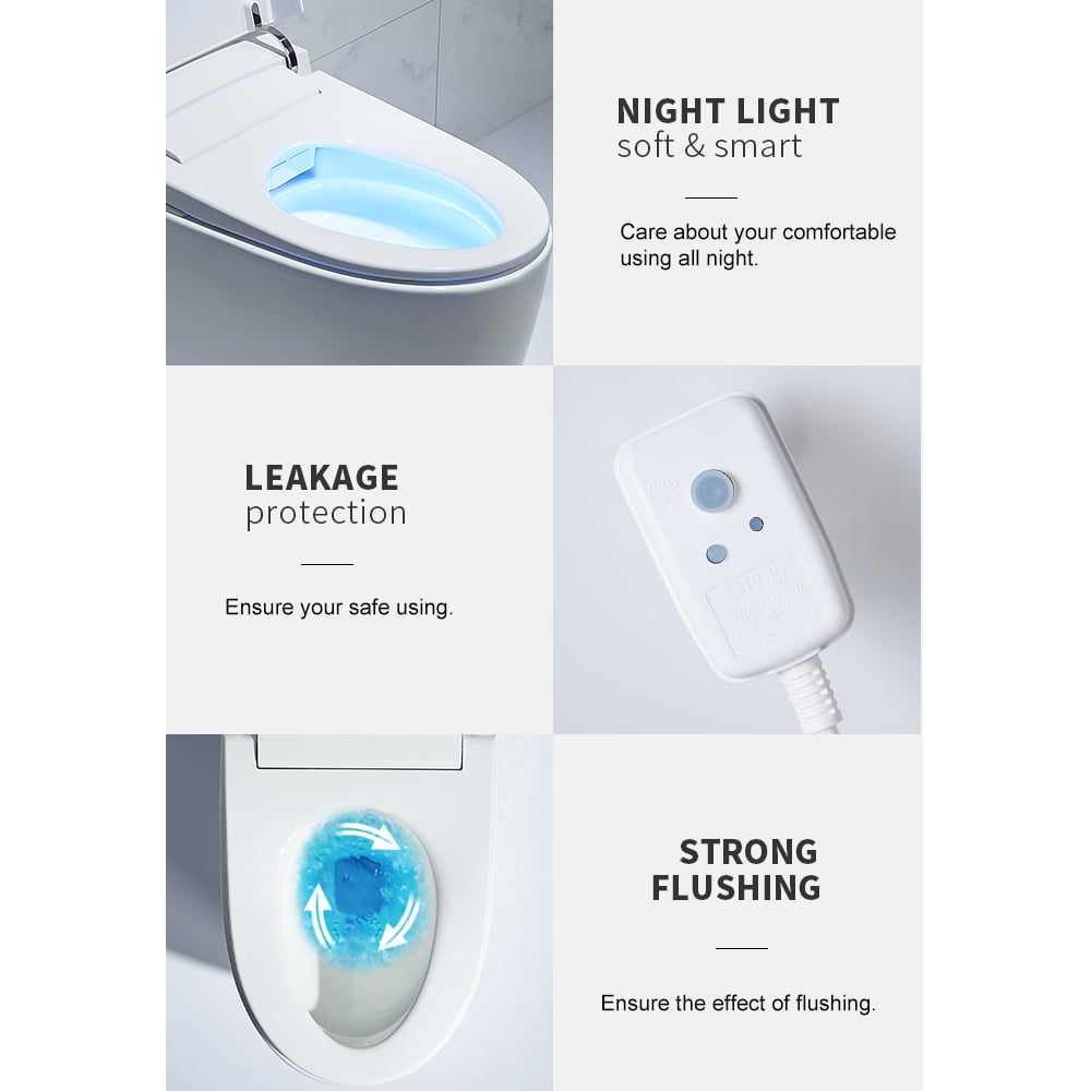 Toilet with night light feature and text highlighting features like night light, leakage protection, and strong flushing.