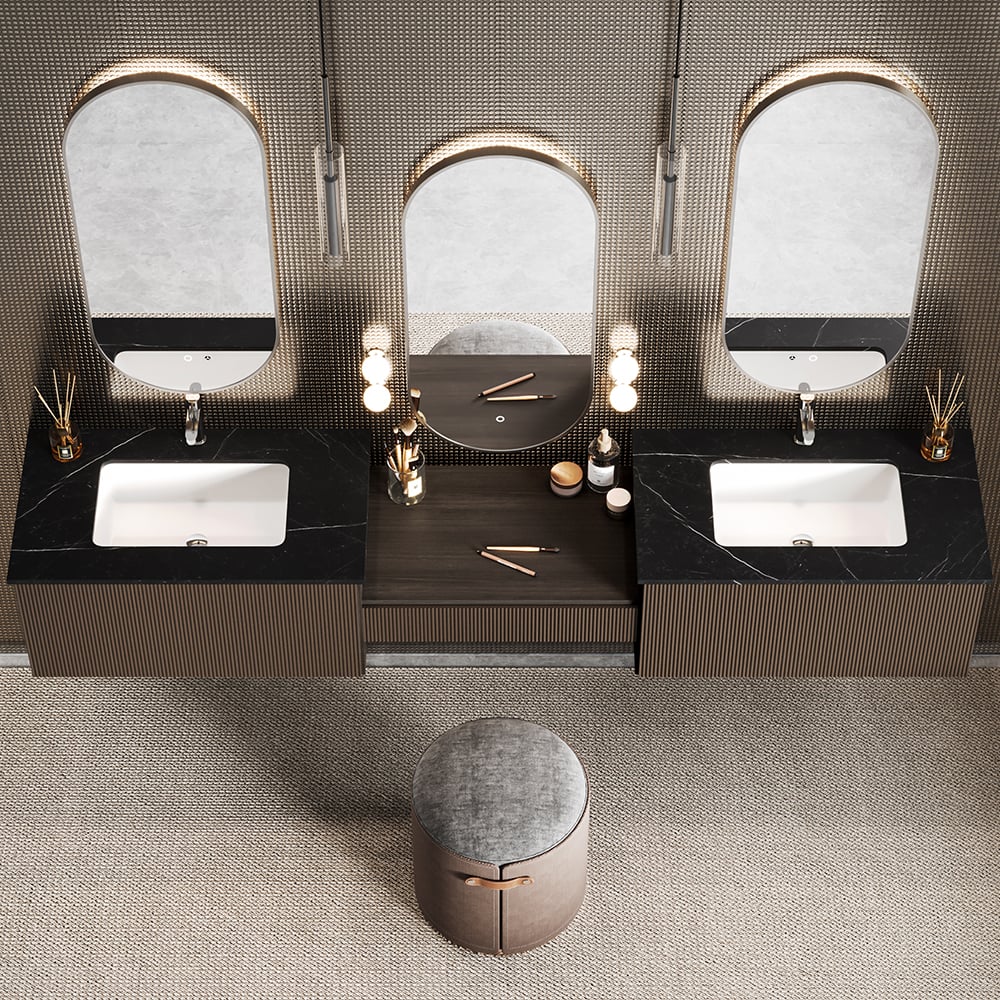 Bathroom with three sinks and mirrors, featuring a modern design.