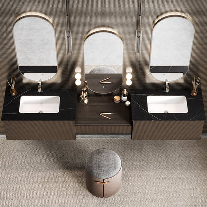 Bathroom with three sinks and mirrors, featuring a modern design.
