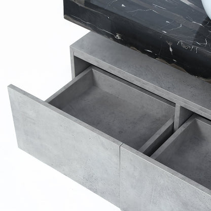 Bathroom vanity with concrete finish and open drawer