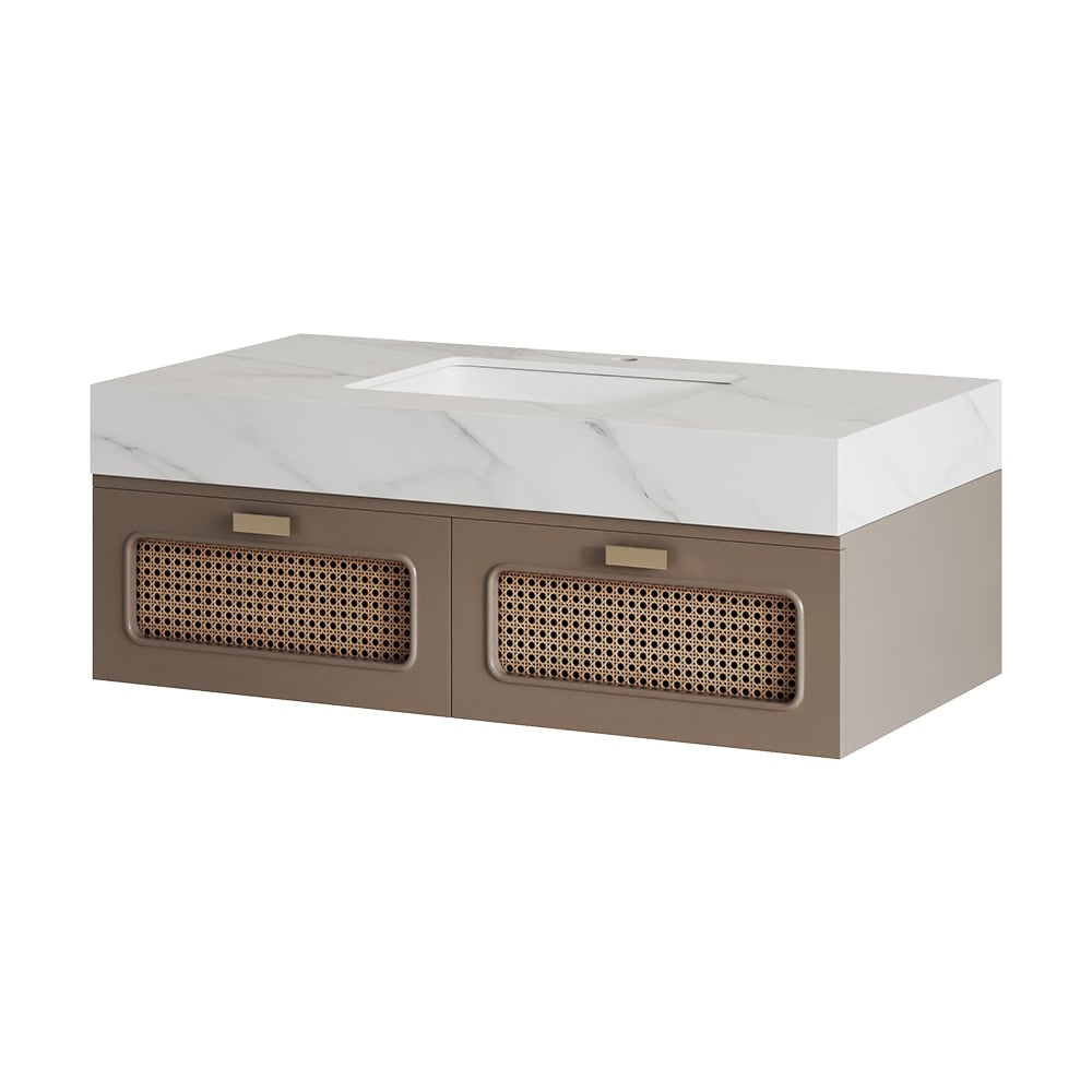 35" Floating Single Bathroom Vanity with Faux Marble Top Rattan Door