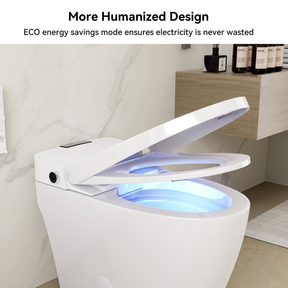 Modern toilet with open lid in a bathroom setting, featuring eco-friendly energy savings mode.