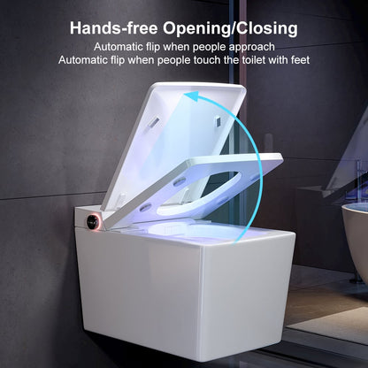Smart toilet with hands-free opening/closing feature in a modern bathroom setting.