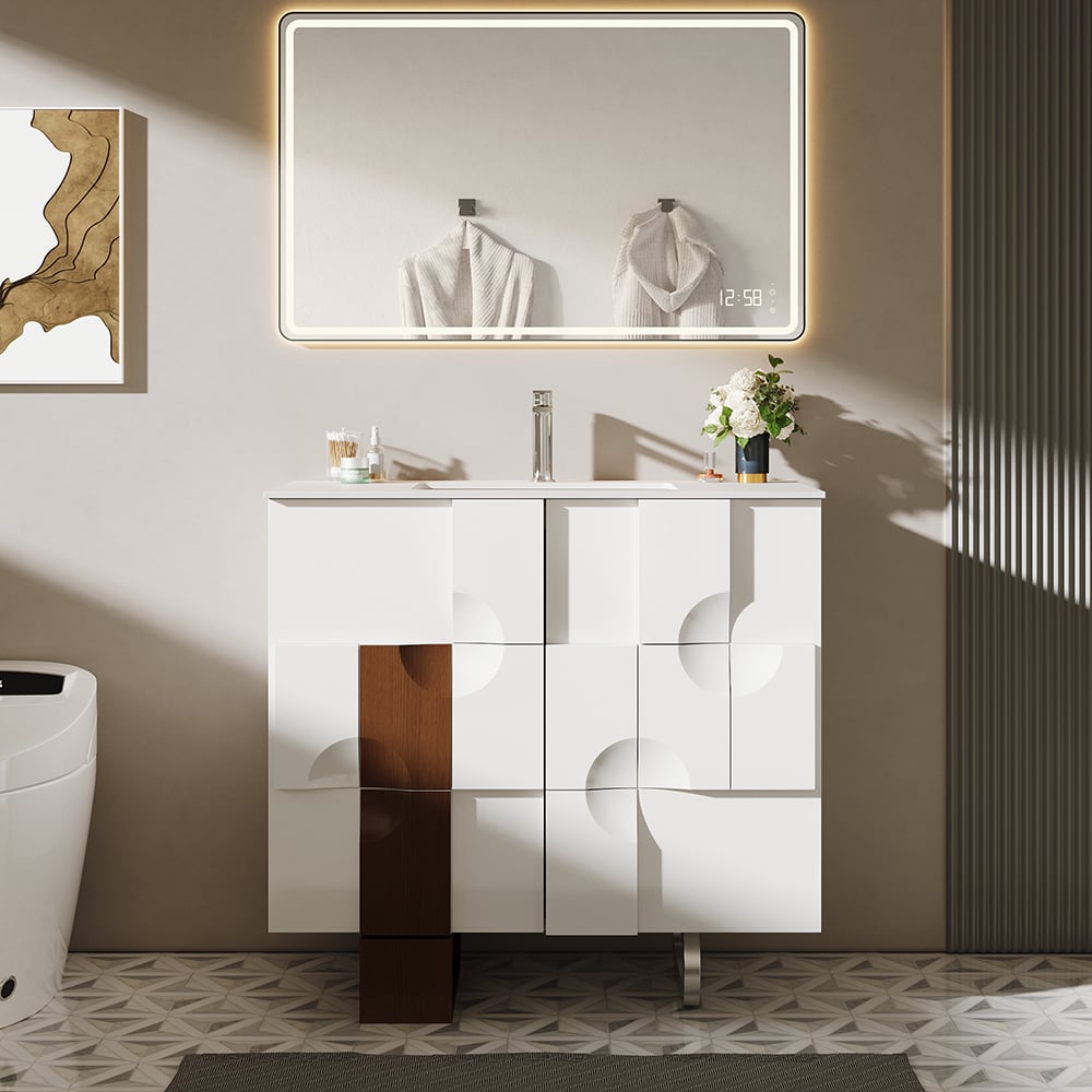 Bathroom vanity with mirror and decorative elements in a modern bathroom setting.