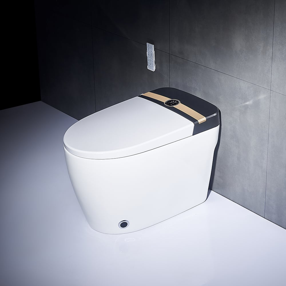 Modern toilet with black and gold design in a bathroom setting