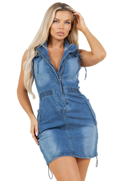 Sleeveless Denim Mini Dress with Smocked Waist