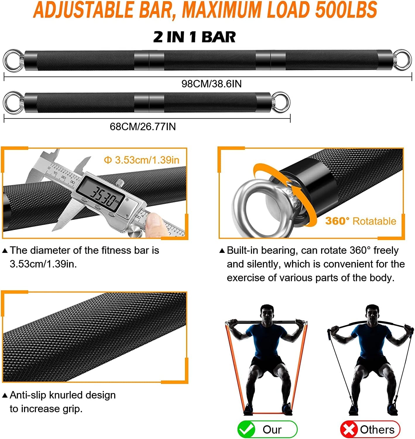 Resistance Band Bar Set Portable Full Body 500LBS Extra Heavy Home Gym