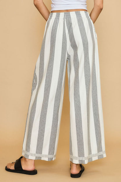 Peace Sign Patch Striped Wide Leg Pants