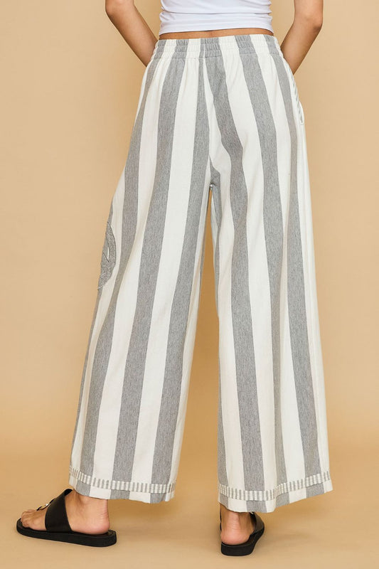 Peace Sign Patch Striped Wide Leg Pants
