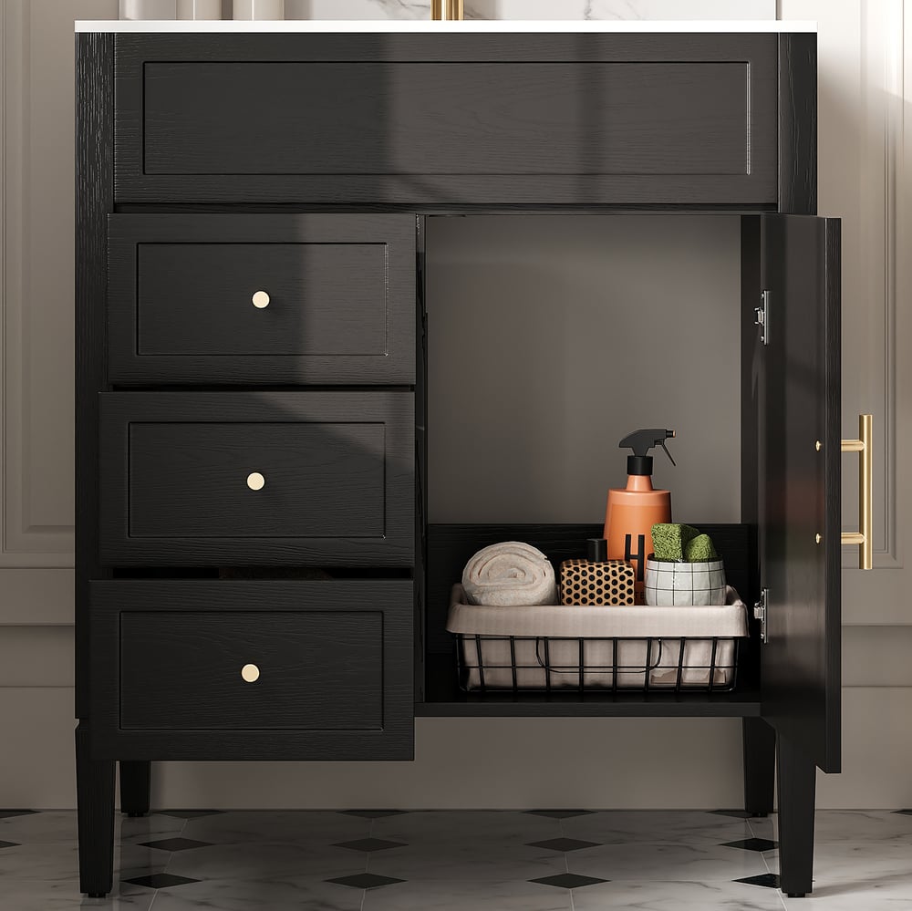Black dresser with open cabinet showing toiletries in a bathroom setting