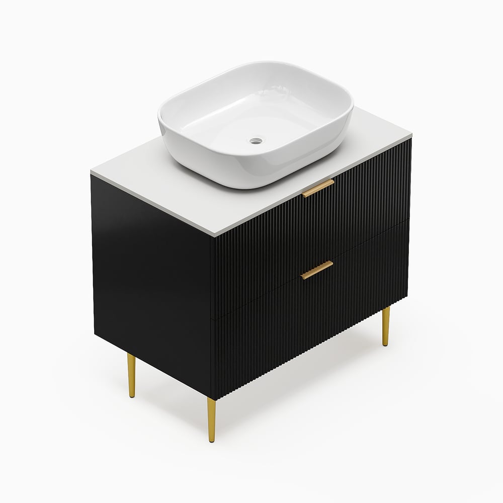 Bathroom vanity with white countertop and sink on a white background