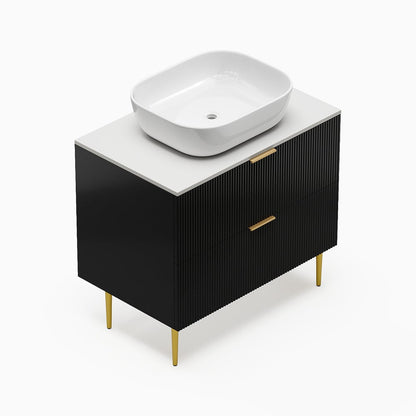 Bathroom vanity with white countertop and sink on a white background