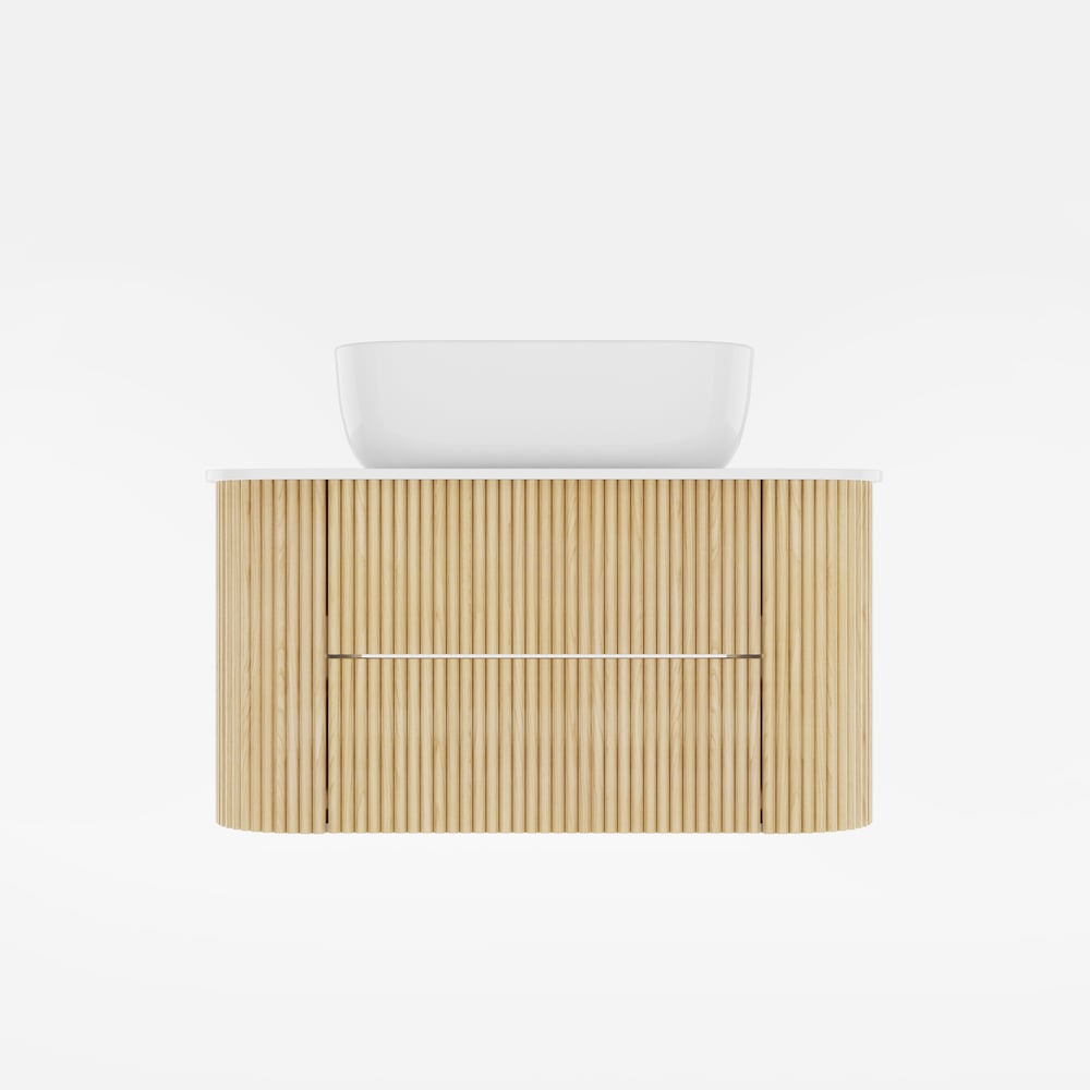 Bathroom vanity with wooden finish and white basin on a light gray background