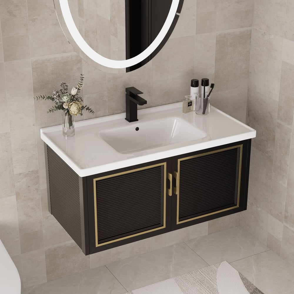 Bathroom Vanity Set 27.9" Modern Floating Ceramic Bathroom Vanity Black with Sink