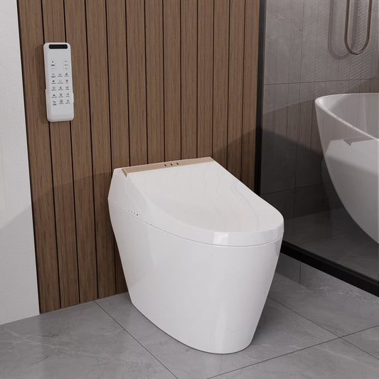 White toilet in a modern bathroom with wooden paneling and a sink.