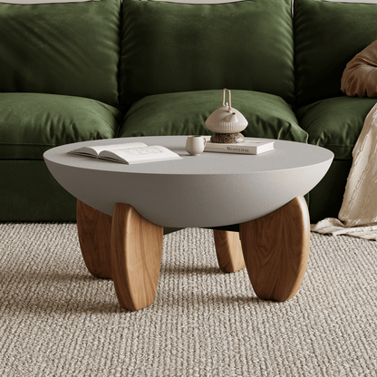 Curva Round Concrete Walnut Coffee Table with Wood Legs