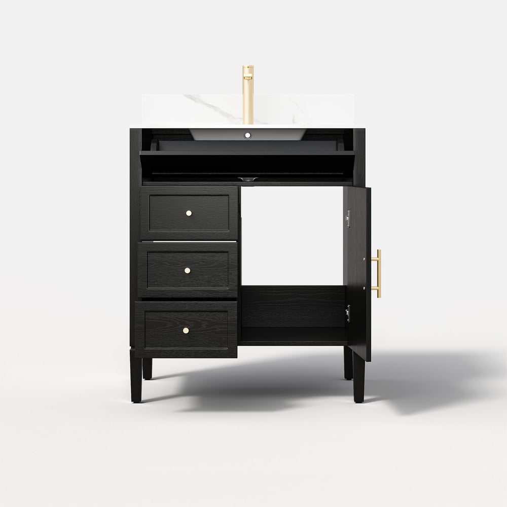 Black bathroom vanity with sink and gold fixtures on a white background