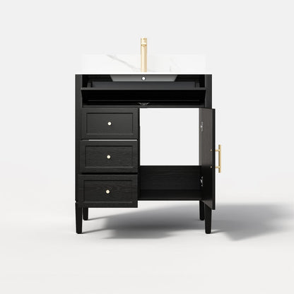 Black bathroom vanity with sink and gold fixtures on a white background