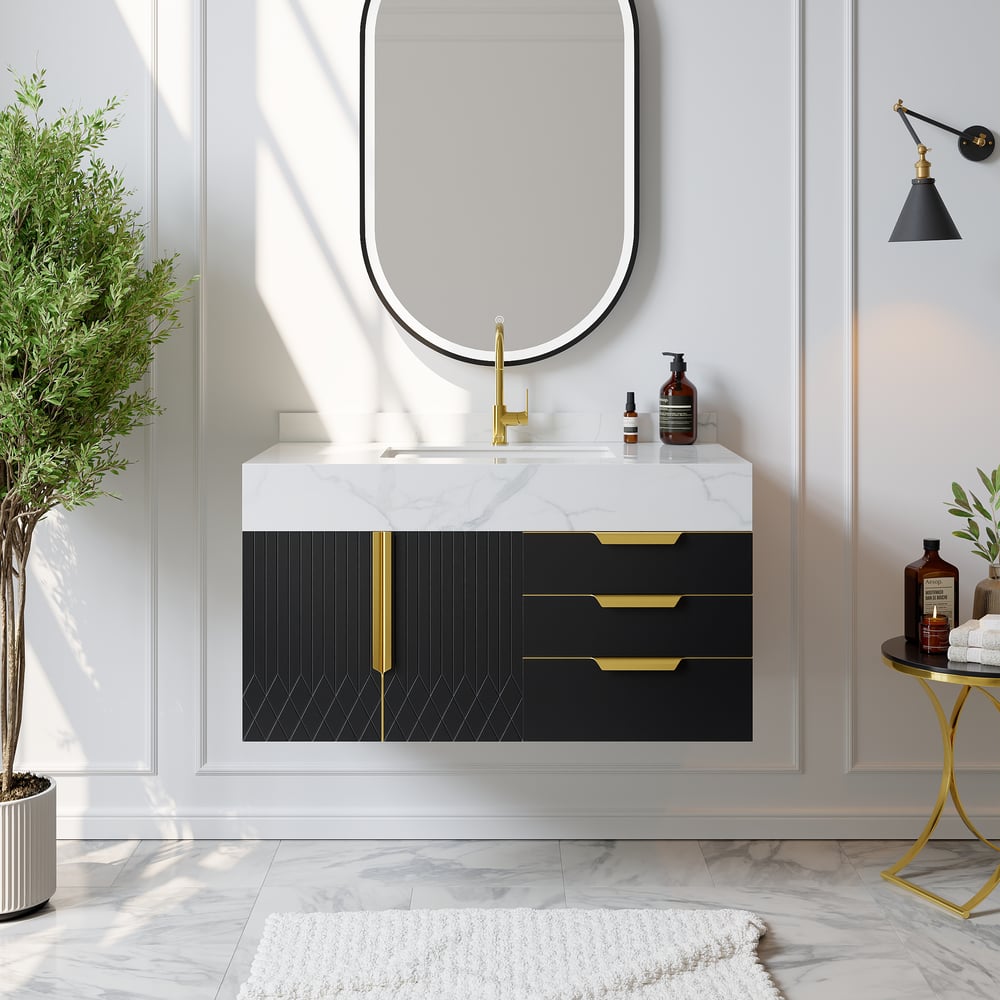 Modern bathroom vanity with black and gold design, mirror, and decorative items.
