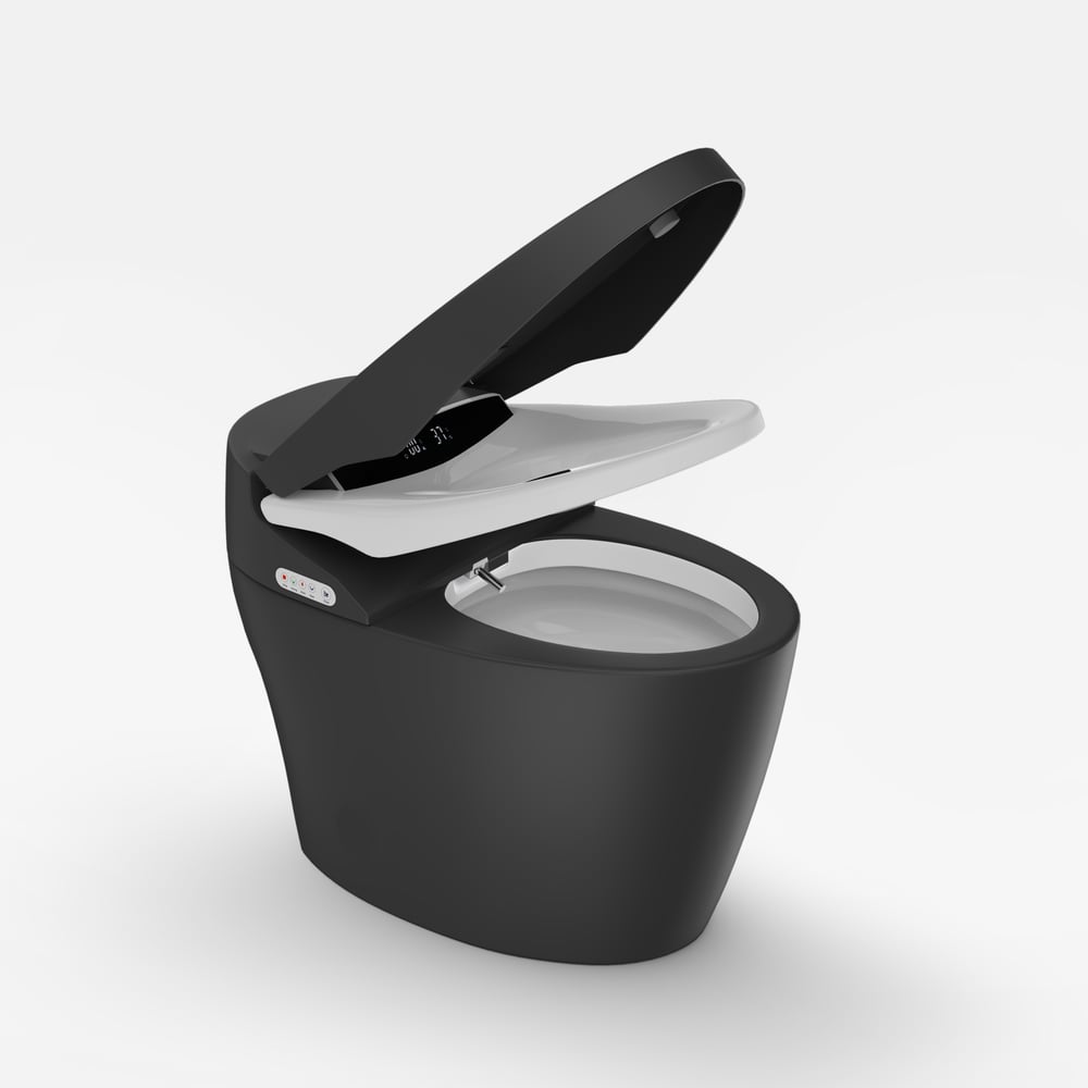 Black toilet with open lid on a white background