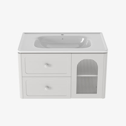 White bathroom vanity with sink and pet door on a white background