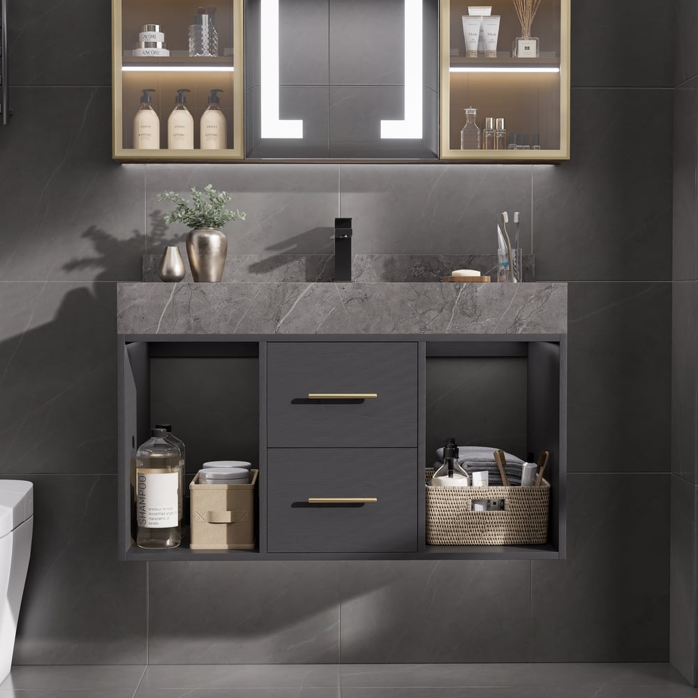 Bathroom Vanity Set 35.4" Modern Floating Sintered Stone Bathroom Vanity Black with Sink