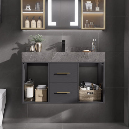 Bathroom Vanity Set 35.4" Modern Floating Sintered Stone Bathroom Vanity Black with Sink