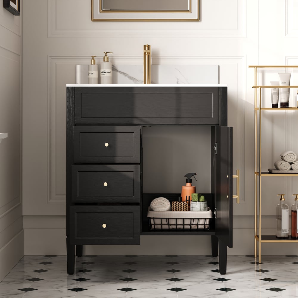 Black bathroom cabinet with open door displaying toiletries in a modern bathroom setting.