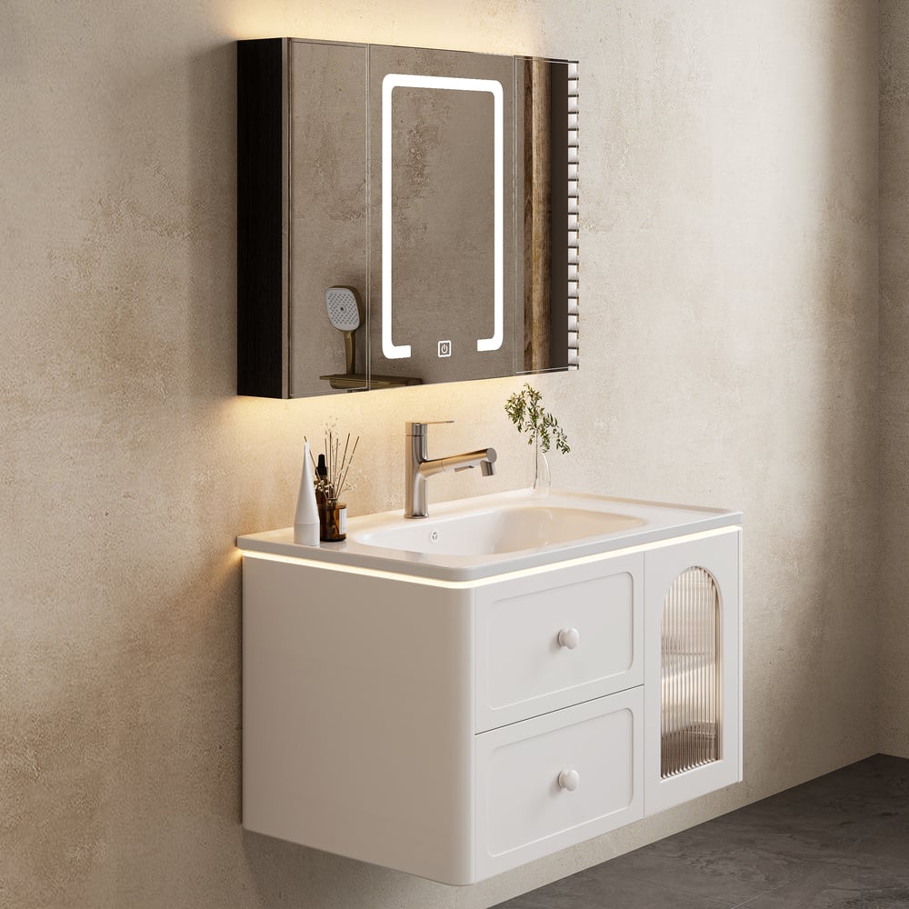 Bathroom vanity with illuminated mirror and sink against a beige wall.