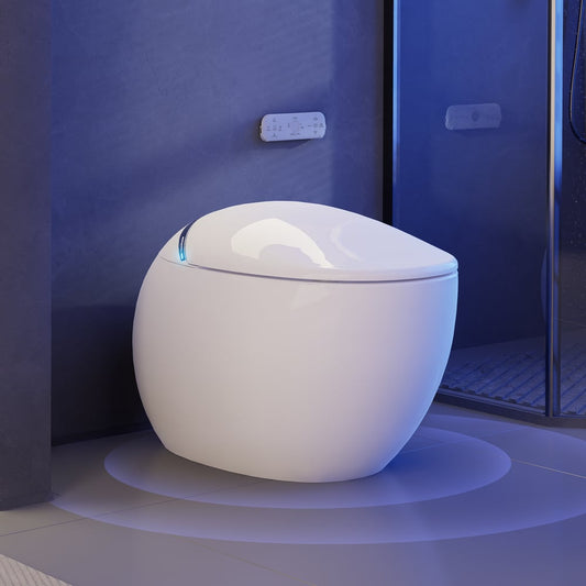 Modern white toilet bowl in a bathroom setting with blue lighting