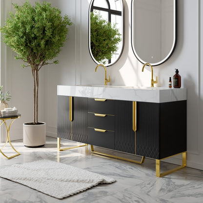 Bathroom vanity with black and gold design, white countertop, and decorative plant.
