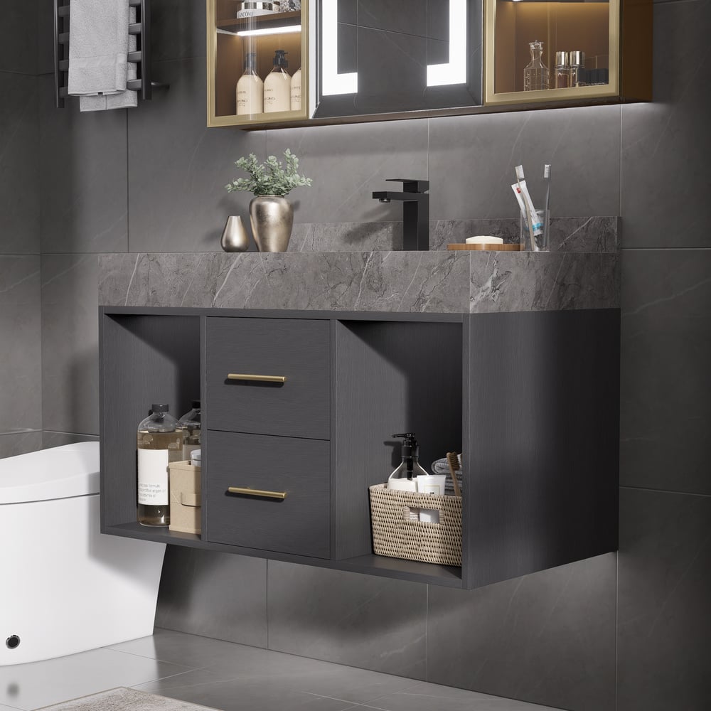Bathroom Vanity Set 35.4" Modern Floating Sintered Stone Bathroom Vanity Black with Sink