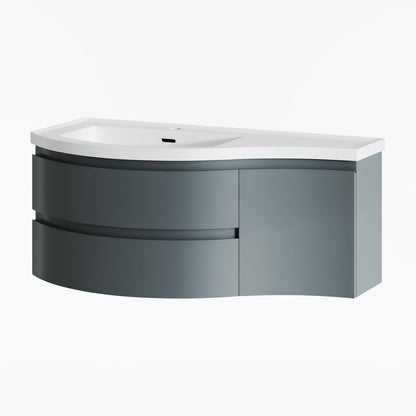 Bathroom vanity with white countertop and gray base cabinet on a white background