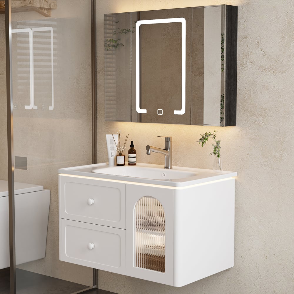 Bathroom vanity with sink and illuminated mirror in a modern bathroom setting.