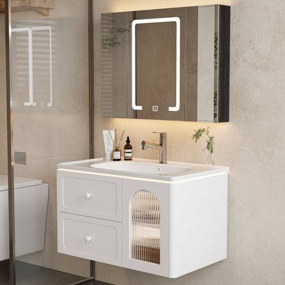 Bathroom vanity with sink and illuminated mirror in a modern bathroom setting.