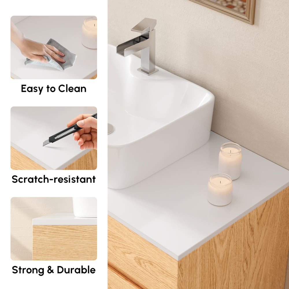 Bathroom sink with features highlighted on a white background