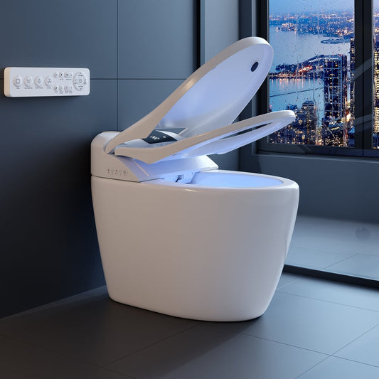 Modern white toilet with open lid in a bathroom with a cityscape view.