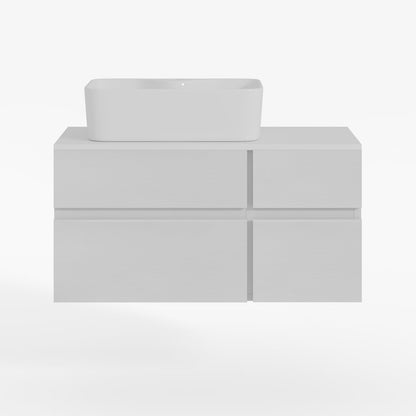 White bathroom vanity with basin on a white background