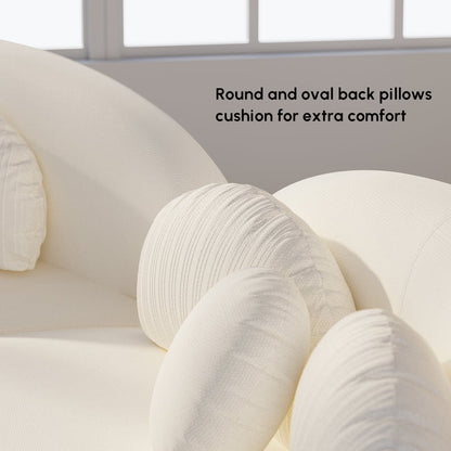 Round and oval back pillows on a sofa with text 'Round and oval back pillows cushion for extra comfort'.